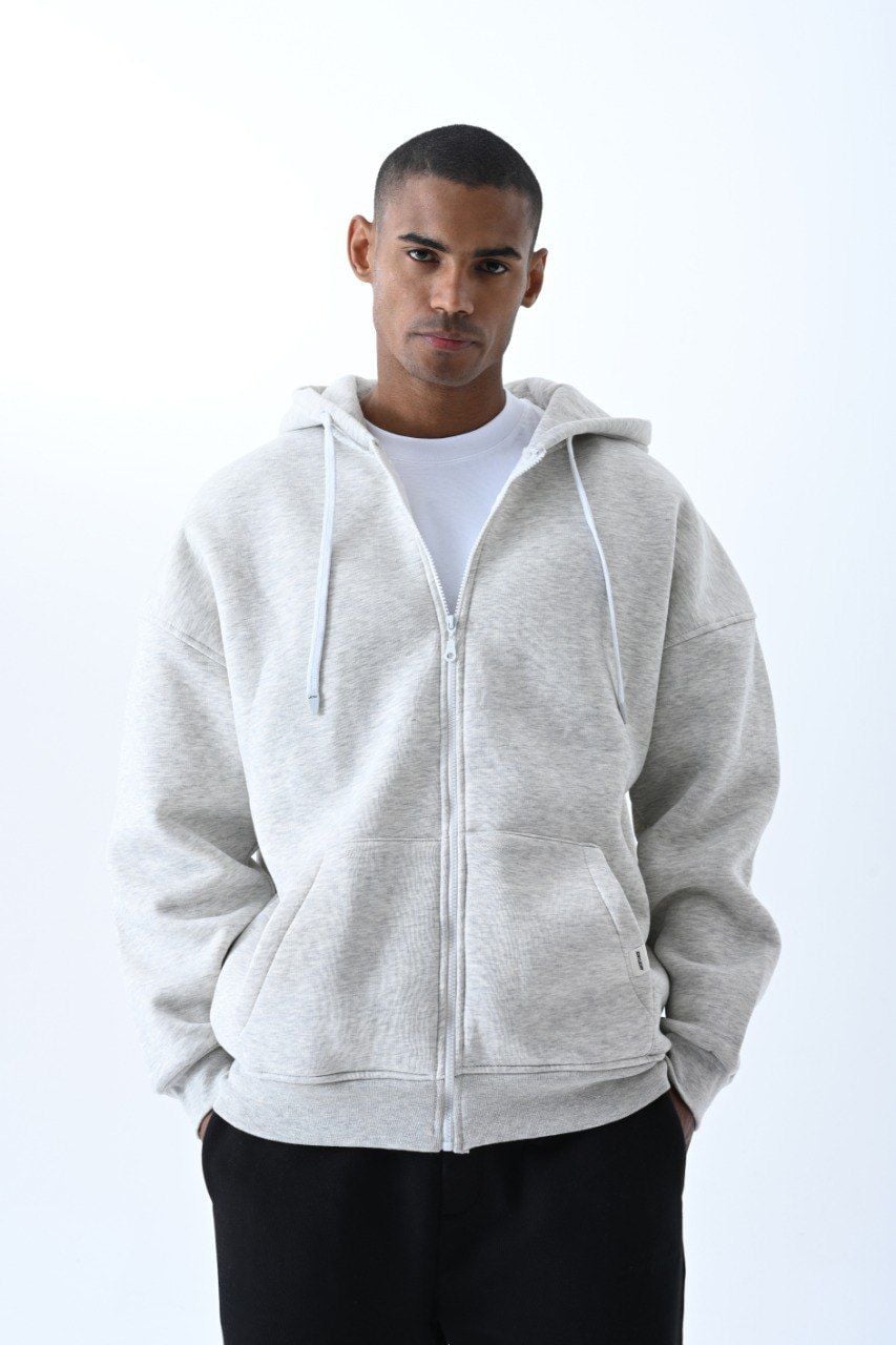 Jacey Jace Gri Fermuarlı Oversize Kapüşonlu Sweatshirt