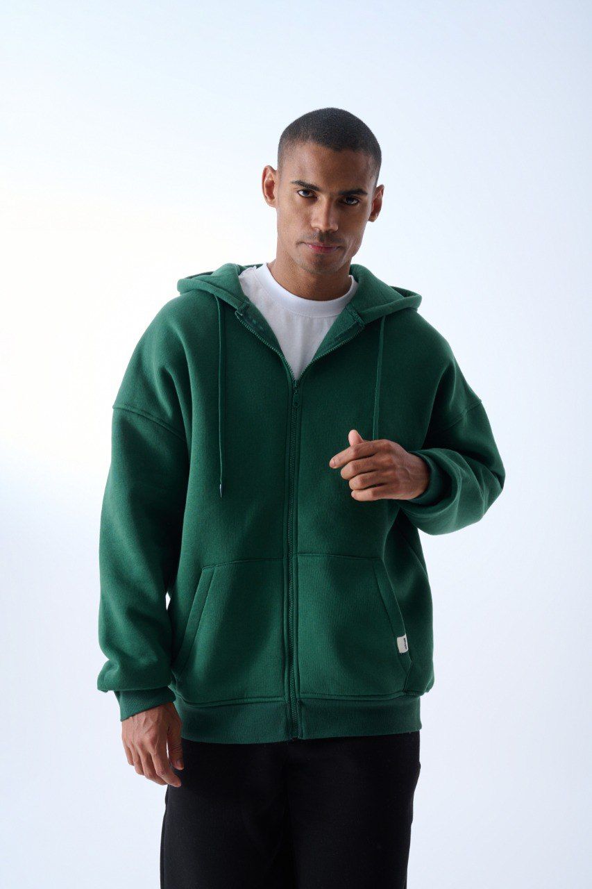 Jacey Jace Yeşil Fermuarlı Oversize Kapüşonlu Sweatshirt