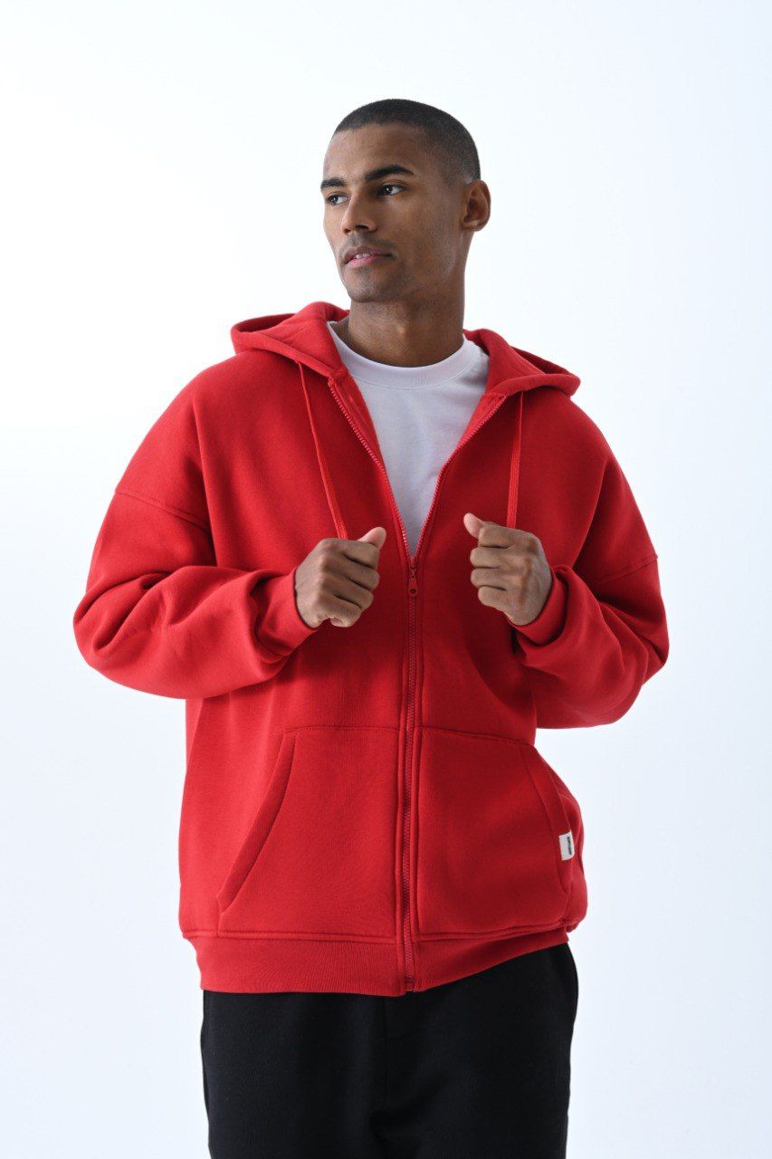 Jacey Jace Kırmızı Fermuarlı Oversize Kapüşonlu Sweatshirt